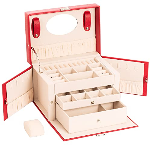 ADEL DREAM Schmuckkasten, 26x18x18 cm,Schmuckkästchen mit 2 Schubladen, abschließbarer Schmuck-Organizer mit Spiegel, PU Leder Schmuckaufbewahrung, für Ringe, Armbänder, Ohrringe, Samtfutter, Rot