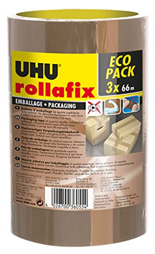 UHU Rollafix - Rubans adhésif d'emballage brun, lot de 3 rubans 66m x 50mm