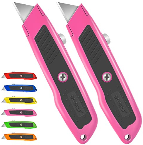 DIYSELF 2 Pack Box Cutter Retractable Heavy Duty Utility Knife, Ergonomic Razor Knife for Warehouse, Office, Exacto Knives Box Opener for Package, Cardboard (Pink)