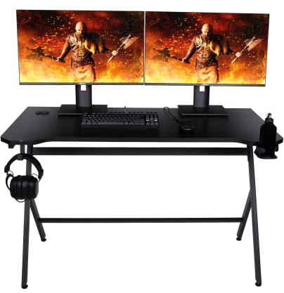 Konix Drakkar Bureau Gaming Mani 121 x 69 x 76 cm en Forme de Y - Plateau de Table en Bois et métal - Porte gobelet et Support Casque Inclus - Noir