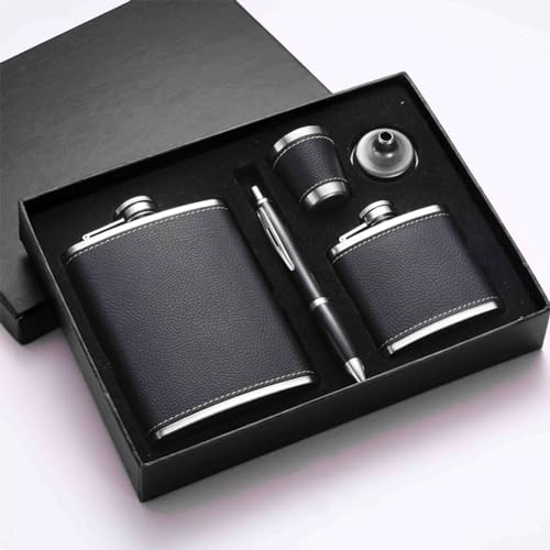 2X Edelstahl Flachmann mit Trichter, 8oz/227ml und 3oz/80ml Hip Flask, Leder Flachmann Geschenk für Väter Männer für Wandern Hochzeit Camping Klettern Picknick
