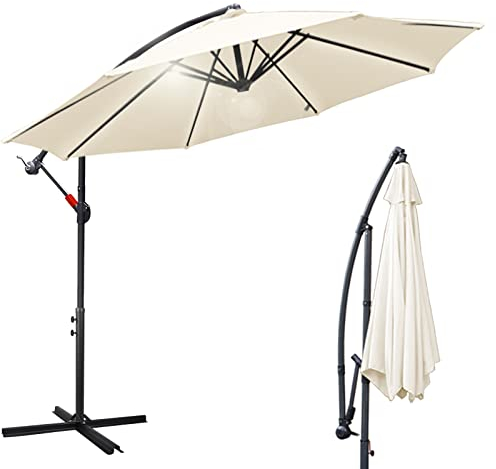 Eulenke Sonnenschirm mit Ständer 350 cm, Ampelschirm mit Kurbel, 8 Stahlverstrebungen, Neigungswinkel und Höhe verstellbar, UV-Schutz Gartenschirm für Balkon Garten Terrasse Strand, Creme