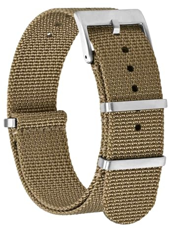 BISONSTRAP Nylon Uhrenarmband für Herren, Einteilige Militär Armband, 18mm, Khaki Braun (Silberne Schnalle)