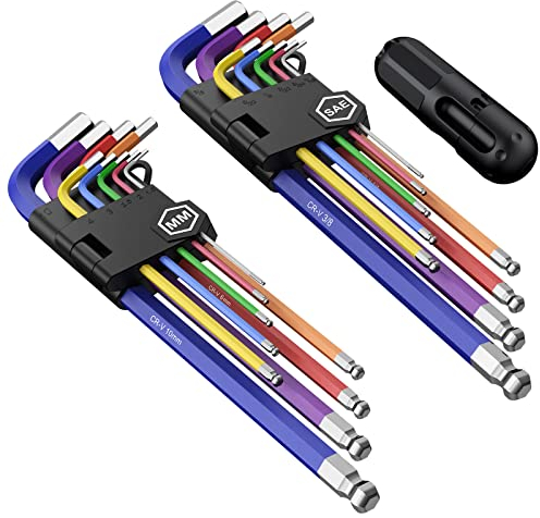 COLFULINE 18PCS Innensechskantschlüssel Satz, extra Lang Metrisch und Zoll Innensechskant Satz 230mm, 1,5-10mm Sechskantschlüssel mit Kugelkopf, T-Griff Profi Schlüsselset Satz in Kunststoffclip-Bunt