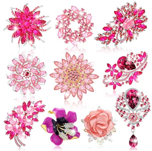 10 Pcs Brooches for Women Elegant Rhinestone Bouquet Brooch Pin Crystal Flower Brooch Pink snowflake pin for Wedding Bridal Dress Corsage Bouquet Coats Jackets Sweaters Clothing Accessories