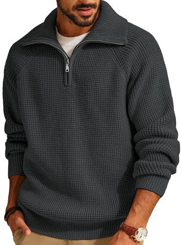PJ PAUL JONES Strickpullover Herren V Ausschnitt Troyer mit Reißverschluss Stehkragen Waffel Pullover S Dunkelgrau