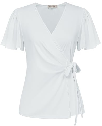 GRACE KARIN Top da donna a maniche corte con volant, scollo a V, tunica avvolgente casual, camicetta estiva da donna, bianco, L