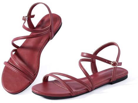 YANWENFANG Women Strappy Flat Sandals, Leather Dressy Summer Slides, Red, 6 UK