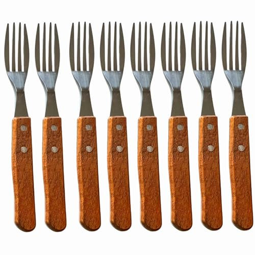 Pack 8 Tenedores Chuleteros con Mango de Madera | Especial para Carne, BBQ | En Acero Inoxidable | Juego de Tenedores de Cocina de Mesa, Camping, Trabajo, Colegio
