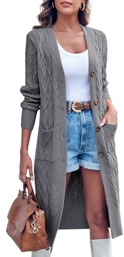 Imily Bela Cardigan long pour femme - Motif torsadé ouvert sur le devant - Cardigan à manches longues - Automne et hiver - Cardigan en tricot avec poches