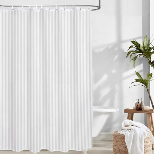 szyanlai White Shower Curtain, Water and Mould Resistant Fabric Bathroom Curtain with Grommets & Hooks, 100% Polyester Machine Washable Waterproof Fabric,12 Pcs Curtain Hooks(180x180cm)