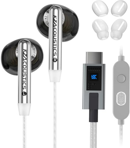 KZA COUSTICS KZ Duet Écouteurs intra-auriculaires - Double pilote dynamique - Écouteurs de jeu - Basses HiFi - Microphone antibruit - Câble argenté - Pour PC, console, appareils mobiles