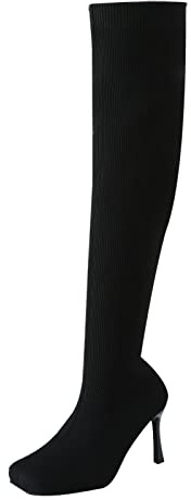 Thigh High Boots for Women with Wide Calf, Women's Knee-High Boots Winter, Plain Knitted Briefs, Stiletto Heel, Thin, Comfortable, Elastic Calf Boots, black, 9 UK