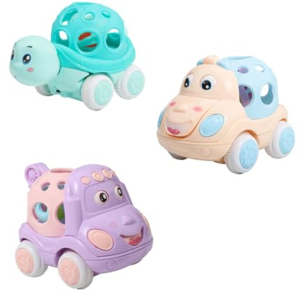 GLSTOY 3pcs Inertia Cars with Handbell Rattles Creative Cartoon Design Smooth Plastic for Hand-eye Coordination and Cognitive Development Random Styles