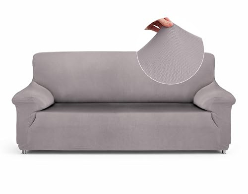 Textilhome Funda de Sofá Elástica Ajustable TEIDE, 3 Plazas (180-240 cm), Cubre Sofá Protector Universal con Espuma Antideslizante, Color Grisclaro - Protección y Ajuste