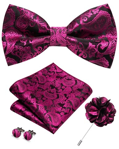 RBOCOTT Bowtie Hot Pink Paisley Pre-tied Bow Tie and Pocket square with Cufflinks Lapel Pin Sets for Men 4PCS(16)