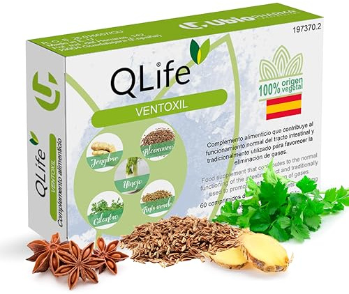 QLife Ventoxil Complemento Digestivo Natural - Elimina Gases e Hinchazón Abdominal con Cápsulas de Hinojo, Anís, Jengibre, Cilantro y Alcaravea - Favorece Digestión Más Ligera - Reduce Flatulencias