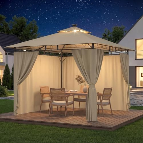 Devoko Tonnelle de Jardin 3x3m avec Lumière LED, Imperméable Deluxe Tonnelle, Tonnelle de Jardin Exterieur, Tonnelles à Cadre Métallique, Pergola Jardins Exterieur pour 4-6 Personnes, Beige