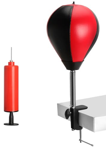 Desk Boxing Speed Ball with Clamp – 17cm Punching Ball Training Set, Heavy Duty Spring, Table Top Reflex Ball for Home Office, Reaction & Coordination Workout, Red/Black with Pump