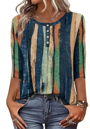 Zeagoo T-shirt för damer, med 3/4-ärm, tröja med rund hals, basic topp, Henly till sommaren, ledig, lätt och lång, storlek S–XXL