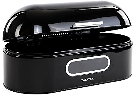 Calitek Retro Bread Bin Storage Box Round Top Kitchen Counter Loaf Pastries Baked Goods Container Coated Carbon Steel (Black)