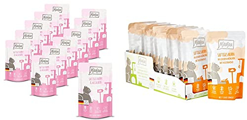 MjAMjAM - Premium Nassfutter für Katzen - saftiges Huhn und wildlachs, 12er Pack (12 x 125 g) & Premium Nassfutter für Katzen - Quetschie - saftiges Huhn an leckeren Möhrchen, 12er Pack (12 x 125 g)