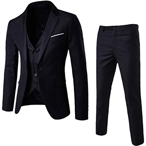 Take Idea Traje para hombre de 7 piezas, monocolor, corte ajustado, smoking, traje de negocios para hombre, chaqueta, pantalón, elegante blazer de boda, chaleco, negro, M
