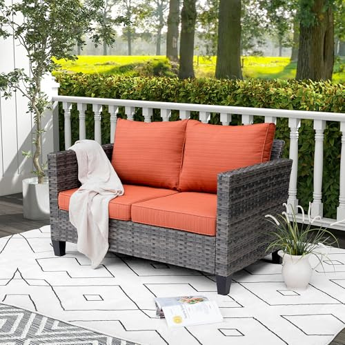 ovios Patio Sofa Loveseat, 2-Seater Outdoor Wicker Rattan Sofa Couch, All Weather High Back Deep Seat Patio Seating with Comfy Cushions for Porch Garden Deck, Orange Red