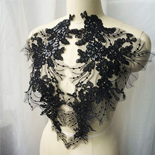 Yulakes 1 par svarta paljetter broderi urringning spets krage blomma tofs brudklänning applikationer spets tyg broderad kant krage mesh sy patch för klänning gör-det-själv dekor