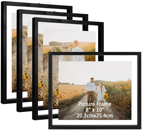 WIFTREY 8x10 Floating Picture Frames Set of 4, Black Rustic Picture Frame 8 by 10 for Wall Hanging, Double Glass Family Photo Frame Display Multi Size, 4x6, 5x7, 8x10,10x12
