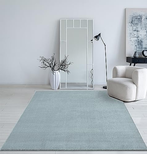 Mia´s Teppiche Taos – kuscheliger Kurzflor Teppich in Felloptik, super Soft & waschbar bis 30°C, mit Anti-Rutsch-Unterseite, Wohnzimmer & Schlafzimmer, Made in Turkey, Blau, 160 x 220 cm