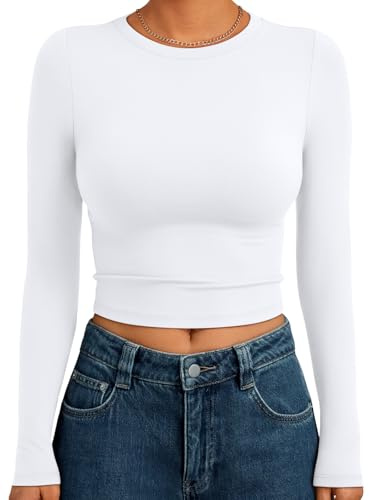 Trendy Queen Womens Long Sleeve Crop Tops Basic Slim Fitted Shirts Spring Fashion Outfits 2026 Teen Girl Clothes White XS