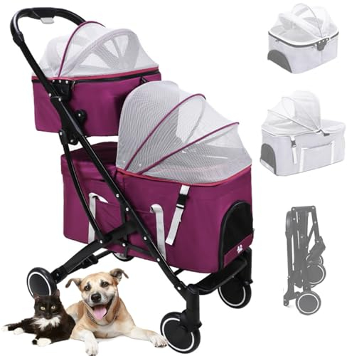 RUYICZB 4 Rädern Hundewagen, 2 in 1 Hundetrolley, Faltbarer Hundebuggy Mit 2 Abnehmbaren Taschen, Netzgewebe, Kissen, Haustierwagen Hundebox Hunde-Kinderwagen Für Hunde & Katzen,Lila