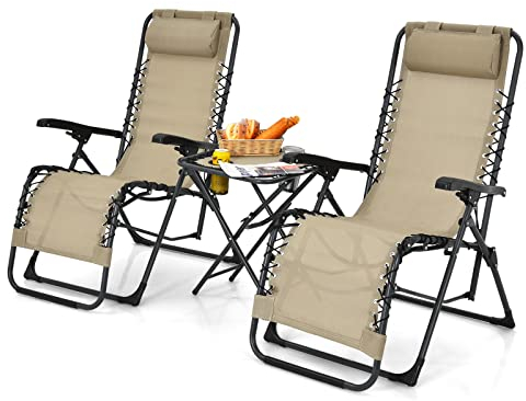 GIANTEX 3-teiliges Sonnenliege Set klappbar, Gartenliege Set mit Tisch, Liegestuhl mit Verstellbarer Rückenlehne & Fußteil, Sonnenliege Set 2 Personen, Beistelltisch mit Getränkehalter (Beige)