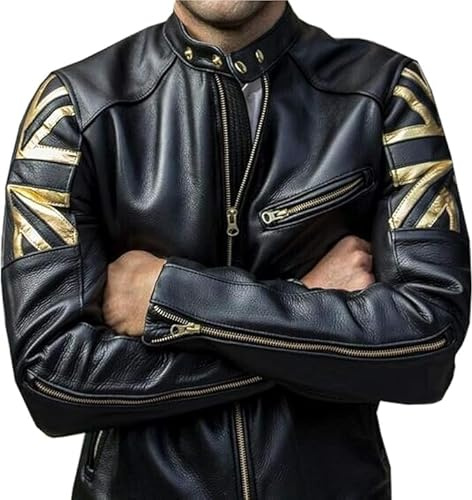 Rising Bloom Mens Biker Vintage Bomber Winter Leather Jacket Cafe Racer Union Jack British UK Flag Real Leather Jacket