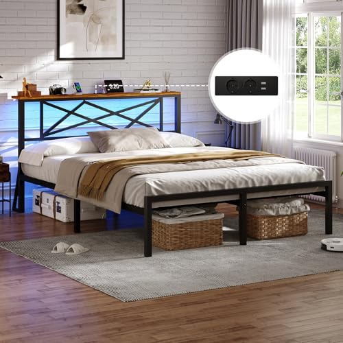 DICTAC Bett 120x200cm mit LED Beleuchtung, Bettgestell 120x200cm mit Steckdose und USB-Ladefunktion, Metallbett mit Holzkopfteil Stauraum, Bettrahmen mit Stauraum unter dem Bett, Höche 32