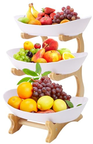 Présentoir à fruits à 3 étages,Corbeille à fruits en plastique,avec support en bois résistant,Panier de Fruits et Legumes,corbeille fruit,pour légumes, fruits,Pain,collations