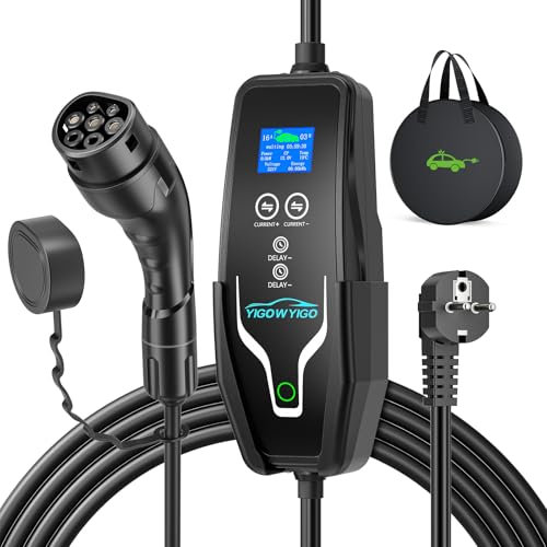 Yigowyigo Ladekabel Elektroauto Typ 2 Schuko 3,68kW [1-phasig,6-16A,6m] ladekabel typ 2 schuko mit Screen LCD und Halterung,0-12H Verzögertes Laden,Typ 2 Ladekabel Schuko für EVs & PHEVs
