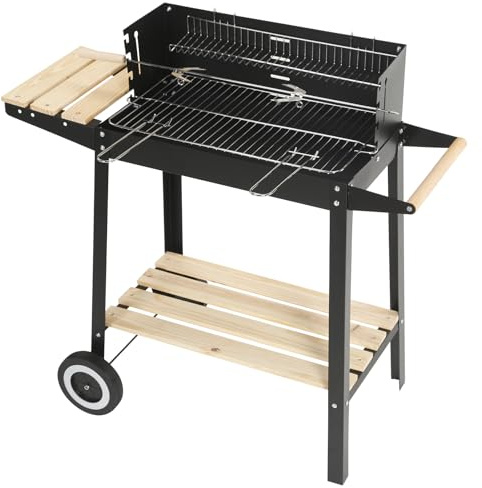 Charcoal BBQ Grill, Trolley Barbecue with Warming Rack & Rotisserie Spit for Outdoor Garden Camping Patio, Steel Rectangular Charcoal Grill Portable W/Wheels, Side & Bottom Storage Shelves