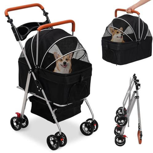Pet Stroller Foldable for Small Medium Dogs Cats with Storage Basket,Wheels,Safety Belt,Zipper Entry,Adjustable Handle,Detachable Dog Carrier,4 Wheels Puppy Pushchair,Travel Pet Pram,Black