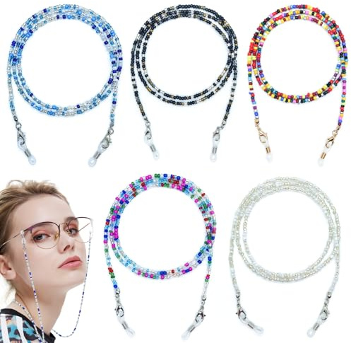 HUSOUE 5 Stück Brillenkette Damen, 83 cm Acrylperlen Brillenband Bunte Anti-Verlust Brillenschnur um den Hals Hängende Maskenkette für Sonnenbrillen Sportbrillen Lesebrillen