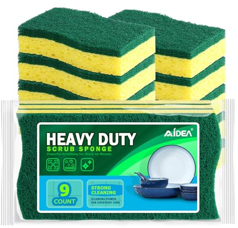 AIDEA Sponges Kitchen, 9Count, Dish Sponges, Heavy-Duty Sponge for Non-Coated Cookware, Scrubbing Power for Tough Messes, Cleaning Sponge for Kitchen, Bathroom, Household