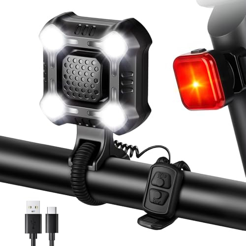 WSDCAM 140dB Bike Horn with Front and Rear Light, 2in1 Bicycle Bell Control Switch LED Light, Rechargeable Waterproof, 8+5 Modes Headlight and Tail Light Daily Commute, Adults Kids Bike Scooter Ebike