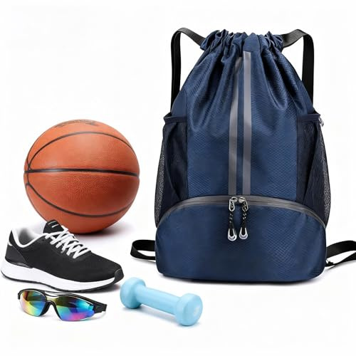 Turnbeutel mit Kordelzug, Große Blau Sportbeutel Wasserdicht, Sport Beutel mit Schuhfach, Sportrucksack Gym Bag mit Innentasche, Schwimmrucksack Kinder mit Nassfach, Schwimmbeutel für Herren Junge
