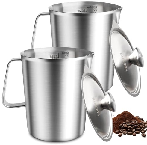 2 stycken mätkoppar i rostfritt stål 1000 ml, mjölkkanna med markering och lock, mätkanna med hällläpp, mjölkkanna rostfritt stål 304 diskmaskinssäker för kök café restaurang