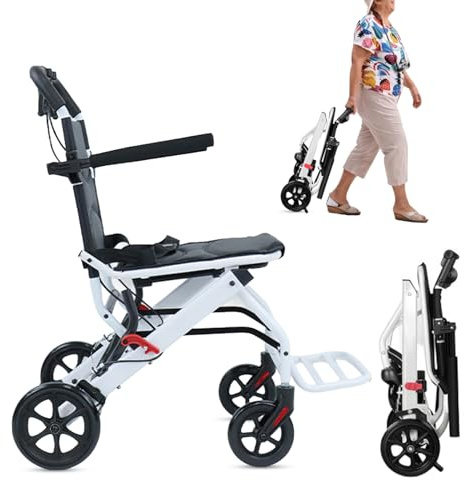 Silla de ruedas de viaje reclinable súper ligera, sillas de ruedas plegables para transporte de tránsito para adultos y personas mayores, soporta 200 libras, correa de seguridad ajustable, marco de