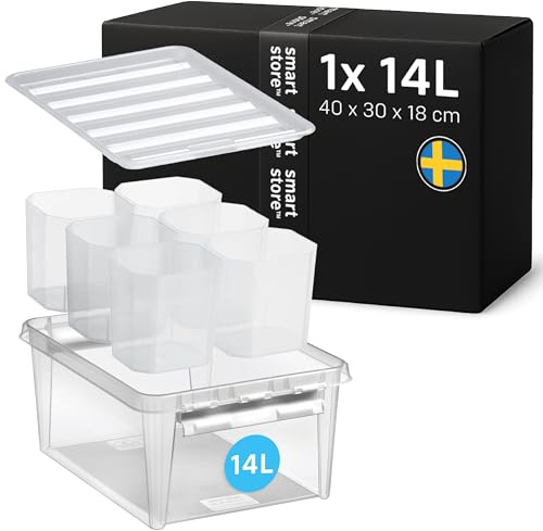 SmartStore 14L Cassetto in plastica con coperchio e 6 inserti - Trasparente - Impilabile e annidabile - Garanzia di 10 anni - Sicuro per gli alimenti e senza BPA - Clip bianca bloccata - L40xL30xH18cm