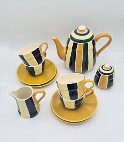 Servizio Tè da 4, 1 Teiera, 1 Lattiera, 1 Zuccheriera, 4 Tazze da Tè con 4 Piattini. Servizio Tè, ceramica. (Righe Gialle Verdi Blu Nere) ST. LAWRENCE