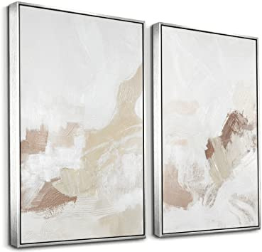 Framed Neutral Abstract Wall Art Set - Pastel Duotone Tan and White Abstract Illustrations Modern Wall Art Decorative Contemporary for Living Room, Bedroom, Office - 16x24x2