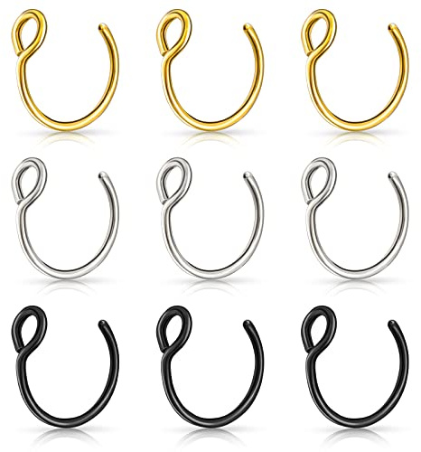 Lusofie Set di 9 anelli per naso falsi, anelli per naso finti in acciaio inox per nasello per set di anelli nasali finti per labbra, Acciaio inossidabile